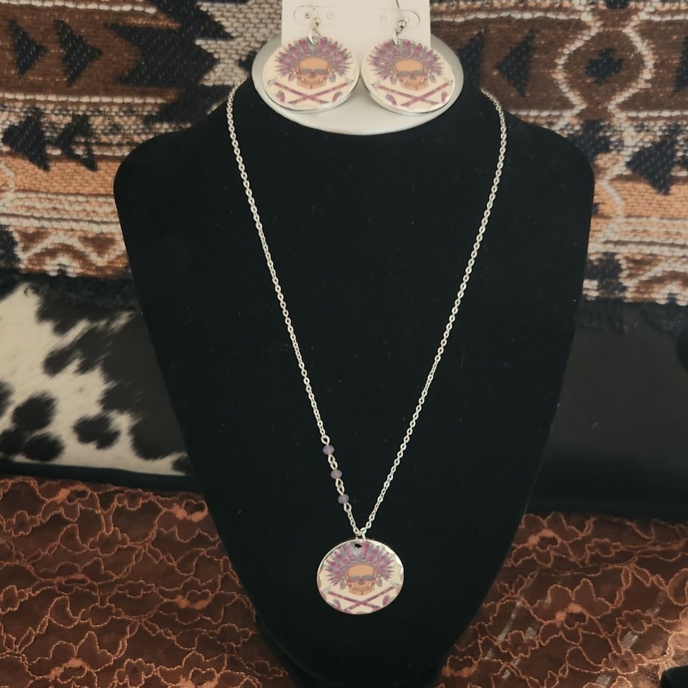 Aztec skull necklace and earring set